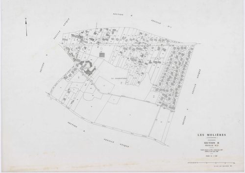 MOLIERES, plans minutes de conservation : tableau d'assemblage,1937, Ech. 1/10000 ; plans des sections A, B, D, E, F, H1, 1937, Ech. 1/2500, sections G, H2, 1937, Ech. 1/1250, sections X, Y, Z, 1959, Ech. 1/2000, sections AA, AB, AC, 2000, Ech. 1/1000. Po