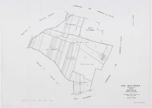 MOLIERES, plans minutes de conservation : tableau d'assemblage,1937, Ech. 1/10000 ; plans des sections A, B, D, E, F, H1, 1937, Ech. 1/2500, sections G, H2, 1937, Ech. 1/1250, sections X, Y, Z, 1959, Ech. 1/2000, sections AA, AB, AC, 2000, Ech. 1/1000. Po