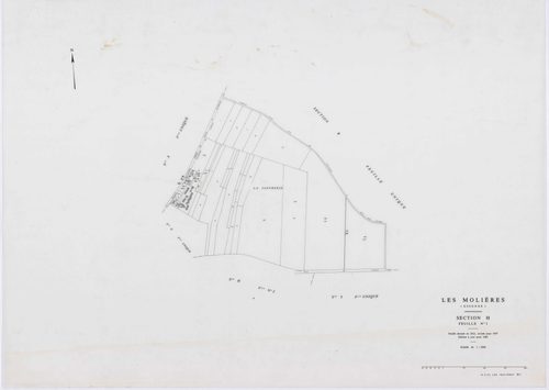 MOLIERES, plans minutes de conservation : tableau d'assemblage,1937, Ech. 1/10000 ; plans des sections A, B, D, E, F, H1, 1937, Ech. 1/2500, sections G, H2, 1937, Ech. 1/1250, sections X, Y, Z, 1959, Ech. 1/2000, sections AA, AB, AC, 2000, Ech. 1/1000. Po