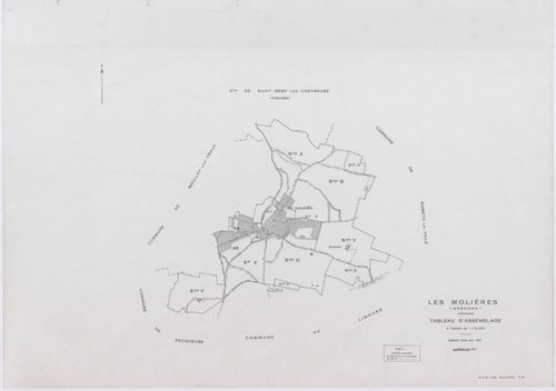 MOLIERES, plans minutes de conservation : tableau d'assemblage,1937, Ech. 1/10000 ; plans des sections A, B, D, E, F, H1, 1937, Ech. 1/2500, sections G, H2, 1937, Ech. 1/1250, sections X, Y, Z, 1959, Ech. 1/2000, sections AA, AB, AC, 2000, Ech. 1/1000. Po