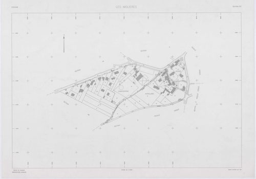MOLIERES, plans minutes de conservation : tableau d'assemblage,1937, Ech. 1/10000 ; plans des sections A, B, D, E, F, H1, 1937, Ech. 1/2500, sections G, H2, 1937, Ech. 1/1250, sections X, Y, Z, 1959, Ech. 1/2000, sections AA, AB, AC, 2000, Ech. 1/1000. Po