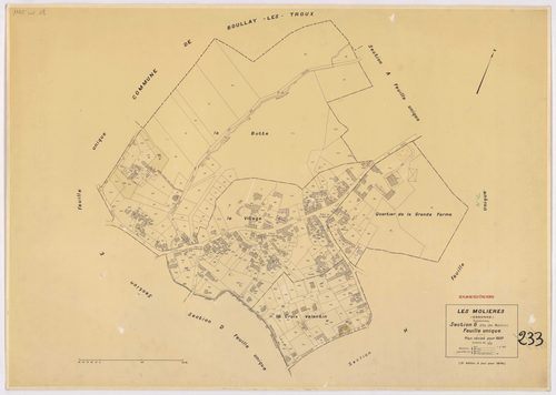 MOLIERES (LES). - Cadastre révisé pour 1937, à jour pour 1976 (2ème, 3ème édition) : plans du tableau d'assemblage, des sections A, B, C dite d'Armenon, D, E dite de Nervilliers, F, G dite des Molières et H dite de la Cocquetière ; cadastre révisé pour 19