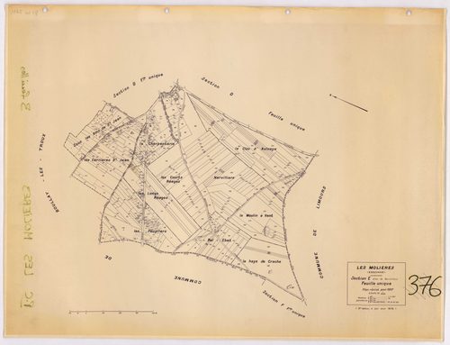 MOLIERES (LES). - Cadastre révisé pour 1937, à jour pour 1976 (2ème, 3ème édition) : plans du tableau d'assemblage, des sections A, B, C dite d'Armenon, D, E dite de Nervilliers, F, G dite des Molières et H dite de la Cocquetière ; cadastre révisé pour 19