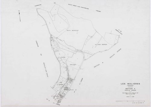MOLIERES, plans minutes de conservation : tableau d'assemblage,1937, Ech. 1/10000 ; plans des sections A, B, D, E, F, H1, 1937, Ech. 1/2500, sections G, H2, 1937, Ech. 1/1250, sections X, Y, Z, 1959, Ech. 1/2000, sections AA, AB, AC, 2000, Ech. 1/1000. Po