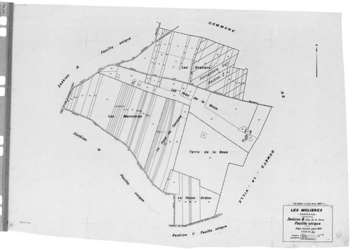 MOLIERES (LES). - Cadastre révisé pour 1937 : plans de la section A Solligny, section E Nervilliers, section F Fay, section G les Molières, section H la Cocquetière ; cadastre révisé pour 1937 mis à jour pour 1959 : plan du tableau d'assemblage ; cadastre