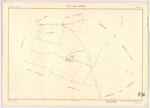 MOLIERES (LES). - Cadastre révisé pour 1937, à jour pour 1976 (2ème, 3ème édition) : plans du tableau d'assemblage, des sections A, B, C dite d'Armenon, D, E dite de Nervilliers, F, G dite des Molières et H dite de la Cocquetière ; cadastre révisé pour 19