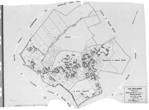 MOLIERES (LES). - Cadastre révisé pour 1937 : plans de la section A Solligny, section E Nervilliers, section F Fay, section G les Molières, section H la Cocquetière ; cadastre révisé pour 1937 mis à jour pour 1959 : plan du tableau d'assemblage ; cadastre