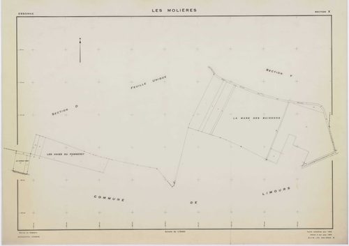 MOLIERES, plans minutes de conservation : tableau d'assemblage,1937, Ech. 1/10000 ; plans des sections A, B, D, E, F, H1, 1937, Ech. 1/2500, sections G, H2, 1937, Ech. 1/1250, sections X, Y, Z, 1959, Ech. 1/2000, sections AA, AB, AC, 2000, Ech. 1/1000. Po