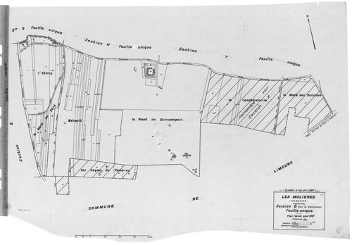 MOLIERES (LES). - Cadastre révisé pour 1937 : plans de la section A Solligny, section E Nervilliers, section F Fay, section G les Molières, section H la Cocquetière ; cadastre révisé pour 1937 mis à jour pour 1959 : plan du tableau d'assemblage ; cadastre
