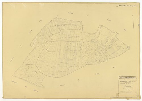 Plans minutes de conservation : MONDEVILLE : tableau d'assemblage, ech. 1/5000 (1936-1974), sections A1, D2, D3, ech. 1/1250, section C, ech. 1/2500 (1936-1974) ; sections D1, D4, D5, ech. 1/1250 (1936-1964) ; sections ZA, ZB, ZC, ZD, ZE, ech. 1/2000 (196