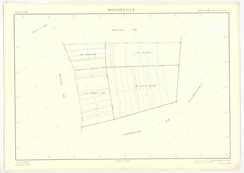 Plans minutes de conservation : MONDEVILLE : tableau d'assemblage, ech. 1/5000 (1936-1974), sections A1, D2, D3, ech. 1/1250, section C, ech. 1/2500 (1936-1974) ; sections D1, D4, D5, ech. 1/1250 (1936-1964) ; sections ZA, ZB, ZC, ZD, ZE, ech. 1/2000 (196