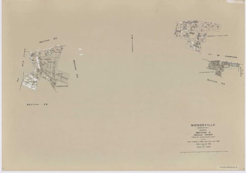MONDEVILLE, plans minutes de conservation : tableau d'assemblage, 1936, Ech. 1/5000 ; plans des sections A1, A2, D1, D2, D3, D4, D5, 1936, Ech. 1/1250, section C, 1936, Ech. 1/2500, sections ZA, ZB, ZC, ZD, ZE, 1962, Ech. 1/2000. Polyester. N et B. Dim. 1