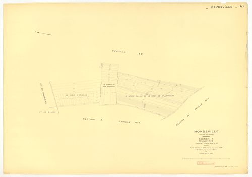 Plans minutes de conservation : MONDEVILLE : tableau d'assemblage, ech. 1/5000 (1936-1974), sections A1, D2, D3, ech. 1/1250, section C, ech. 1/2500 (1936-1974) ; sections D1, D4, D5, ech. 1/1250 (1936-1964) ; sections ZA, ZB, ZC, ZD, ZE, ech. 1/2000 (196
