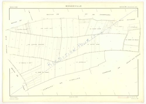 Plans minutes de conservation : MONDEVILLE : tableau d'assemblage, ech. 1/5000 (1936-1974), sections A1, D2, D3, ech. 1/1250, section C, ech. 1/2500 (1936-1974) ; sections D1, D4, D5, ech. 1/1250 (1936-1964) ; sections ZA, ZB, ZC, ZD, ZE, ech. 1/2000 (196