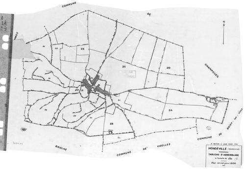 MONDEVILLE. - Cadastre révisé pour 1936 : plans de la section A le Bois d'Epignon 2ème feuille, section C la Padôle, section D la Coupe 5ème feuille ; cadastre révisé pour 1936 mis à jour pour 1964 : plan de tableau d'assemblage, plans de la section C, se