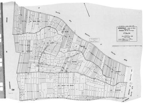 MONDEVILLE. - Cadastre révisé pour 1936 : plans de la section A le Bois d'Epignon 2ème feuille, section C la Padôle, section D la Coupe 5ème feuille ; cadastre révisé pour 1936 mis à jour pour 1964 : plan de tableau d'assemblage, plans de la section C, se