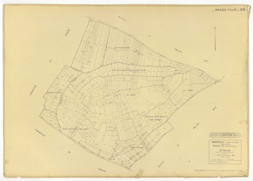 Plans minutes de conservation : MONDEVILLE : tableau d'assemblage, ech. 1/5000 (1936-1974), sections A1, D2, D3, ech. 1/1250, section C, ech. 1/2500 (1936-1974) ; sections D1, D4, D5, ech. 1/1250 (1936-1964) ; sections ZA, ZB, ZC, ZD, ZE, ech. 1/2000 (196
