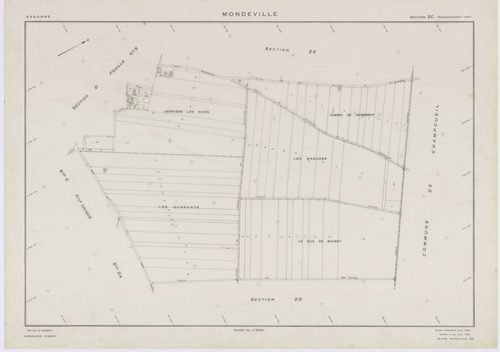 MONDEVILLE, plans minutes de conservation : tableau d'assemblage, 1936, Ech. 1/5000 ; plans des sections A1, A2, D1, D2, D3, D4, D5, 1936, Ech. 1/1250, section C, 1936, Ech. 1/2500, sections ZA, ZB, ZC, ZD, ZE, 1962, Ech. 1/2000. Polyester. N et B. Dim. 1