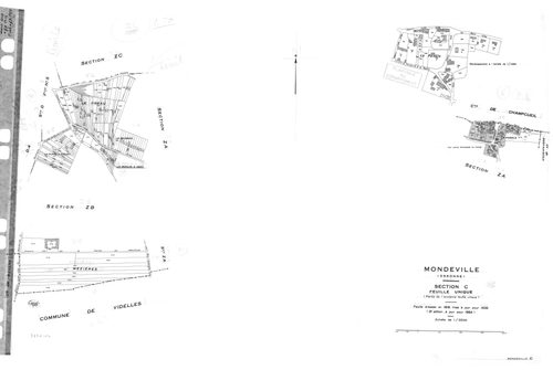 MONDEVILLE. - Cadastre révisé pour 1936 : plans de la section A le Bois d'Epignon 2ème feuille, section C la Padôle, section D la Coupe 5ème feuille ; cadastre révisé pour 1936 mis à jour pour 1964 : plan de tableau d'assemblage, plans de la section C, se
