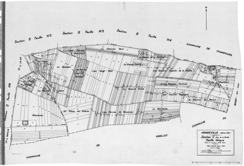 MONDEVILLE. - Cadastre révisé pour 1936 : plans de la section A le Bois d'Epignon 2ème feuille, section C la Padôle, section D la Coupe 5ème feuille ; cadastre révisé pour 1936 mis à jour pour 1964 : plan de tableau d'assemblage, plans de la section C, se
