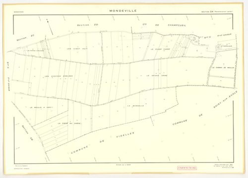 Plans minutes de conservation : MONDEVILLE : tableau d'assemblage, ech. 1/5000 (1936-1974), sections A1, D2, D3, ech. 1/1250, section C, ech. 1/2500 (1936-1974) ; sections D1, D4, D5, ech. 1/1250 (1936-1964) ; sections ZA, ZB, ZC, ZD, ZE, ech. 1/2000 (196