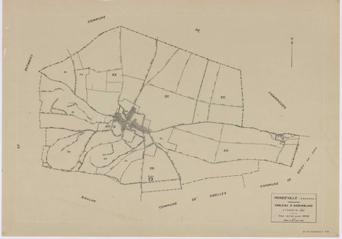 MONDEVILLE, plans minutes de conservation : tableau d'assemblage, 1936, Ech. 1/5000 ; plans des sections A1, A2, D1, D2, D3, D4, D5, 1936, Ech. 1/1250, section C, 1936, Ech. 1/2500, sections ZA, ZB, ZC, ZD, ZE, 1962, Ech. 1/2000. Polyester. N et B. Dim. 1
