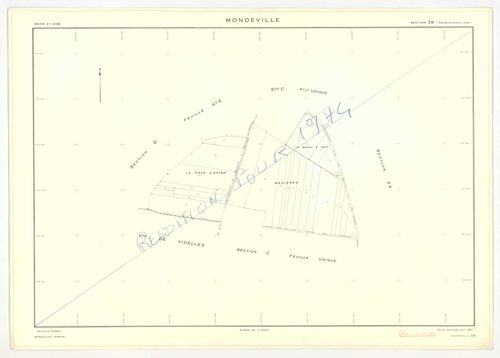 Plans minutes de conservation : MONDEVILLE : tableau d'assemblage, ech. 1/5000 (1936-1974), sections A1, D2, D3, ech. 1/1250, section C, ech. 1/2500 (1936-1974) ; sections D1, D4, D5, ech. 1/1250 (1936-1964) ; sections ZA, ZB, ZC, ZD, ZE, ech. 1/2000 (196