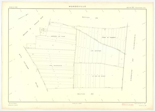 Plans minutes de conservation : MONDEVILLE : tableau d'assemblage, ech. 1/5000 (1936-1974), sections A1, D2, D3, ech. 1/1250, section C, ech. 1/2500 (1936-1974) ; sections D1, D4, D5, ech. 1/1250 (1936-1964) ; sections ZA, ZB, ZC, ZD, ZE, ech. 1/2000 (196