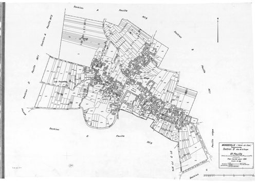 MONDEVILLE. - Cadastre révisé pour 1936 : plans de la section A le Bois d'Epignon 2ème feuille, section C la Padôle, section D la Coupe 5ème feuille ; cadastre révisé pour 1936 mis à jour pour 1964 : plan de tableau d'assemblage, plans de la section C, se