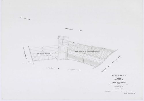 MONDEVILLE, plans minutes de conservation : tableau d'assemblage, 1936, Ech. 1/5000 ; plans des sections A1, A2, D1, D2, D3, D4, D5, 1936, Ech. 1/1250, section C, 1936, Ech. 1/2500, sections ZA, ZB, ZC, ZD, ZE, 1962, Ech. 1/2000. Polyester. N et B. Dim. 1