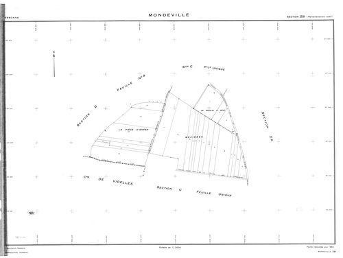 MONDEVILLE. - Cadastre révisé pour 1936 : plans de la section A le Bois d'Epignon 2ème feuille, section C la Padôle, section D la Coupe 5ème feuille ; cadastre révisé pour 1936 mis à jour pour 1964 : plan de tableau d'assemblage, plans de la section C, se