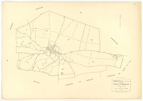 Plans minutes de conservation : MONDEVILLE : tableau d'assemblage, ech. 1/5000 (1936-1974), sections A1, D2, D3, ech. 1/1250, section C, ech. 1/2500 (1936-1974) ; sections D1, D4, D5, ech. 1/1250 (1936-1964) ; sections ZA, ZB, ZC, ZD, ZE, ech. 1/2000 (196