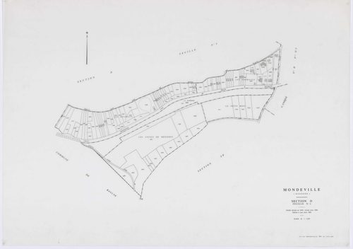 MONDEVILLE, plans minutes de conservation : tableau d'assemblage, 1936, Ech. 1/5000 ; plans des sections A1, A2, D1, D2, D3, D4, D5, 1936, Ech. 1/1250, section C, 1936, Ech. 1/2500, sections ZA, ZB, ZC, ZD, ZE, 1962, Ech. 1/2000. Polyester. N et B. Dim. 1