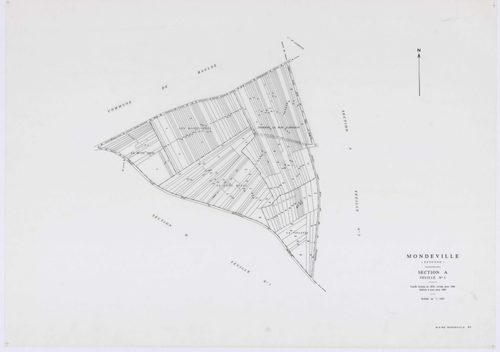 MONDEVILLE, plans minutes de conservation : tableau d'assemblage, 1936, Ech. 1/5000 ; plans des sections A1, A2, D1, D2, D3, D4, D5, 1936, Ech. 1/1250, section C, 1936, Ech. 1/2500, sections ZA, ZB, ZC, ZD, ZE, 1962, Ech. 1/2000. Polyester. N et B. Dim. 1