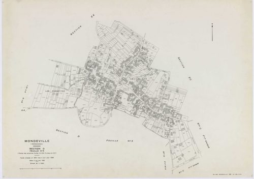 MONDEVILLE, plans minutes de conservation : tableau d'assemblage, 1936, Ech. 1/5000 ; plans des sections A1, A2, D1, D2, D3, D4, D5, 1936, Ech. 1/1250, section C, 1936, Ech. 1/2500, sections ZA, ZB, ZC, ZD, ZE, 1962, Ech. 1/2000. Polyester. N et B. Dim. 1