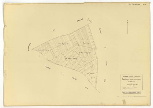 Plans minutes de conservation : MONDEVILLE : tableau d'assemblage, ech. 1/5000 (1936-1974), sections A1, D2, D3, ech. 1/1250, section C, ech. 1/2500 (1936-1974) ; sections D1, D4, D5, ech. 1/1250 (1936-1964) ; sections ZA, ZB, ZC, ZD, ZE, ech. 1/2000 (196