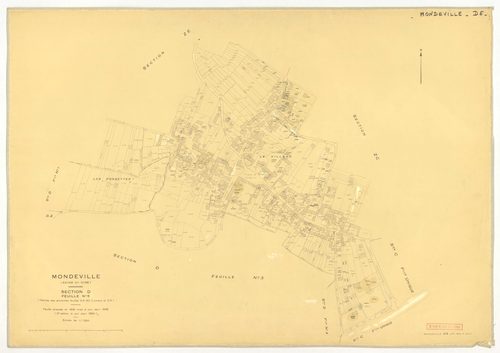 Plans minutes de conservation : MONDEVILLE : tableau d'assemblage, ech. 1/5000 (1936-1974), sections A1, D2, D3, ech. 1/1250, section C, ech. 1/2500 (1936-1974) ; sections D1, D4, D5, ech. 1/1250 (1936-1964) ; sections ZA, ZB, ZC, ZD, ZE, ech. 1/2000 (196