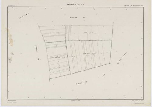 MONDEVILLE, plans minutes de conservation : tableau d'assemblage, 1936, Ech. 1/5000 ; plans des sections A1, A2, D1, D2, D3, D4, D5, 1936, Ech. 1/1250, section C, 1936, Ech. 1/2500, sections ZA, ZB, ZC, ZD, ZE, 1962, Ech. 1/2000. Polyester. N et B. Dim. 1