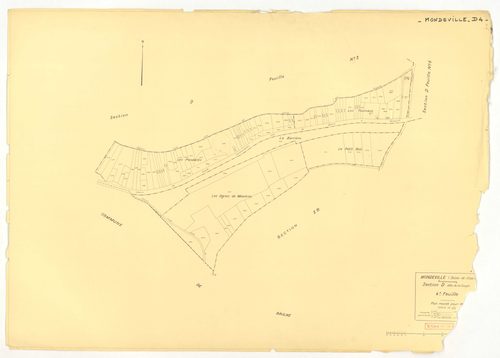 Plans minutes de conservation : MONDEVILLE : tableau d'assemblage, ech. 1/5000 (1936-1974), sections A1, D2, D3, ech. 1/1250, section C, ech. 1/2500 (1936-1974) ; sections D1, D4, D5, ech. 1/1250 (1936-1964) ; sections ZA, ZB, ZC, ZD, ZE, ech. 1/2000 (196