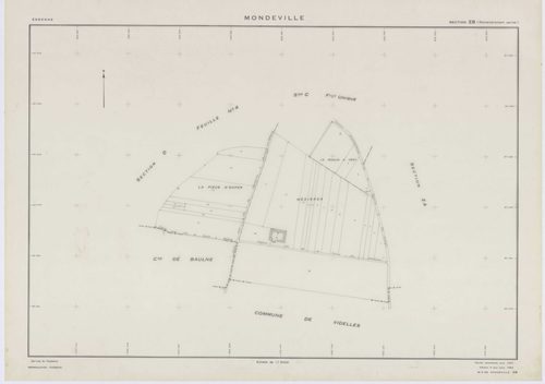 MONDEVILLE, plans minutes de conservation : tableau d'assemblage, 1936, Ech. 1/5000 ; plans des sections A1, A2, D1, D2, D3, D4, D5, 1936, Ech. 1/1250, section C, 1936, Ech. 1/2500, sections ZA, ZB, ZC, ZD, ZE, 1962, Ech. 1/2000. Polyester. N et B. Dim. 1