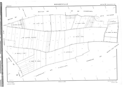 MONDEVILLE. - Cadastre révisé pour 1936 : plans de la section A le Bois d'Epignon 2ème feuille, section C la Padôle, section D la Coupe 5ème feuille ; cadastre révisé pour 1936 mis à jour pour 1964 : plan de tableau d'assemblage, plans de la section C, se