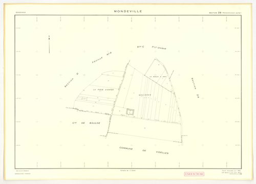 Plans minutes de conservation : MONDEVILLE : tableau d'assemblage, ech. 1/5000 (1936-1974), sections A1, D2, D3, ech. 1/1250, section C, ech. 1/2500 (1936-1974) ; sections D1, D4, D5, ech. 1/1250 (1936-1964) ; sections ZA, ZB, ZC, ZD, ZE, ech. 1/2000 (196