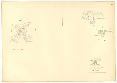 Plans minutes de conservation : MONDEVILLE : tableau d'assemblage, ech. 1/5000 (1936-1974), sections A1, D2, D3, ech. 1/1250, section C, ech. 1/2500 (1936-1974) ; sections D1, D4, D5, ech. 1/1250 (1936-1964) ; sections ZA, ZB, ZC, ZD, ZE, ech. 1/2000 (196