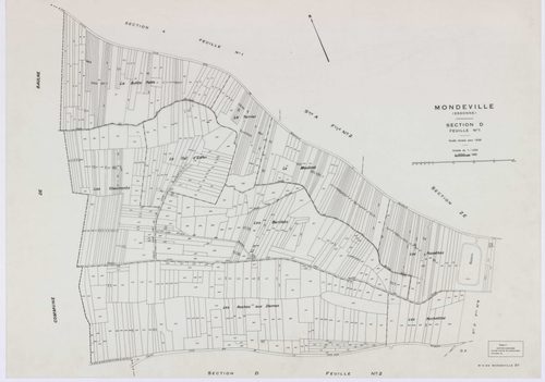 MONDEVILLE, plans minutes de conservation : tableau d'assemblage, 1936, Ech. 1/5000 ; plans des sections A1, A2, D1, D2, D3, D4, D5, 1936, Ech. 1/1250, section C, 1936, Ech. 1/2500, sections ZA, ZB, ZC, ZD, ZE, 1962, Ech. 1/2000. Polyester. N et B. Dim. 1