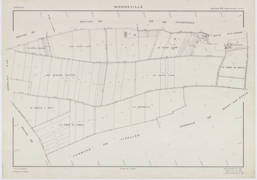 MONDEVILLE, plans minutes de conservation : tableau d'assemblage, 1936, Ech. 1/5000 ; plans des sections A1, A2, D1, D2, D3, D4, D5, 1936, Ech. 1/1250, section C, 1936, Ech. 1/2500, sections ZA, ZB, ZC, ZD, ZE, 1962, Ech. 1/2000. Polyester. N et B. Dim. 1