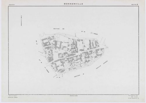 MONNERVILLE, plans minutes de conservation : tableau d'assemblage, 1951, Ech. 1/5000 ; plans des section S, 1951, Ech. 1/1000, section W, 1951, Ech. 1/2000, sections ZA, ZB, ZC, ZD, ZE, ZH, ZI, ZK, 1982, Ech. 1/2000, section ZL, 1991, Ech.1/2000. Polyeste