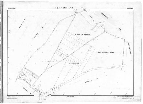 MONNERVILLE. - Cadastre révisé pour 1934 : plan du tableau d'assemblage , plans de la section A l'Ouest 1ère feuille, idem 2ème feuille, idem 3ème feuille, section B l'Est 1ère feuille, idem 2ème feuille, idem 3ème feuille ; cadastre renouvelé pour 1951 :