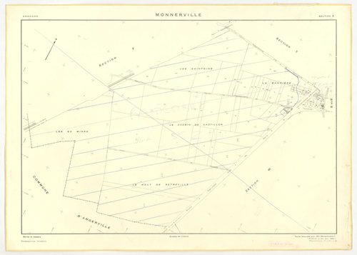 Plans minutes de conservation : MONNERVILLE : tableau d'assemblage n°1, ech. 1/5000 (1951), sections S, T, ech. 1/1000 (1951), sections U, V, W, X, Y, Z, ech. 1/2000 (1951) ; tableau d'assemblage n°2, ech. 1/5000 (1951-1969), sections T, U, X, ech. 1/2000