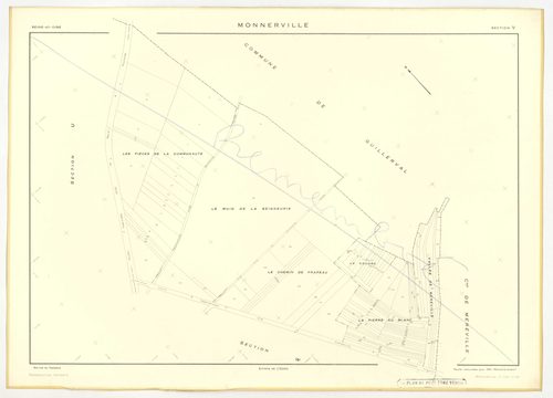 Plans minutes de conservation : MONNERVILLE : tableau d'assemblage n°1, ech. 1/5000 (1951), sections S, T, ech. 1/1000 (1951), sections U, V, W, X, Y, Z, ech. 1/2000 (1951) ; tableau d'assemblage n°2, ech. 1/5000 (1951-1969), sections T, U, X, ech. 1/2000