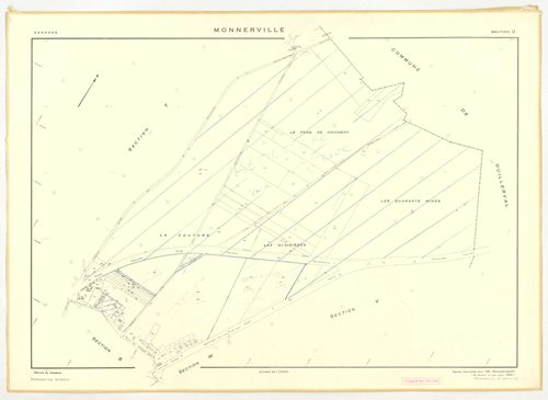 Plans minutes de conservation : MONNERVILLE : tableau d'assemblage n°1, ech. 1/5000 (1951), sections S, T, ech. 1/1000 (1951), sections U, V, W, X, Y, Z, ech. 1/2000 (1951) ; tableau d'assemblage n°2, ech. 1/5000 (1951-1969), sections T, U, X, ech. 1/2000